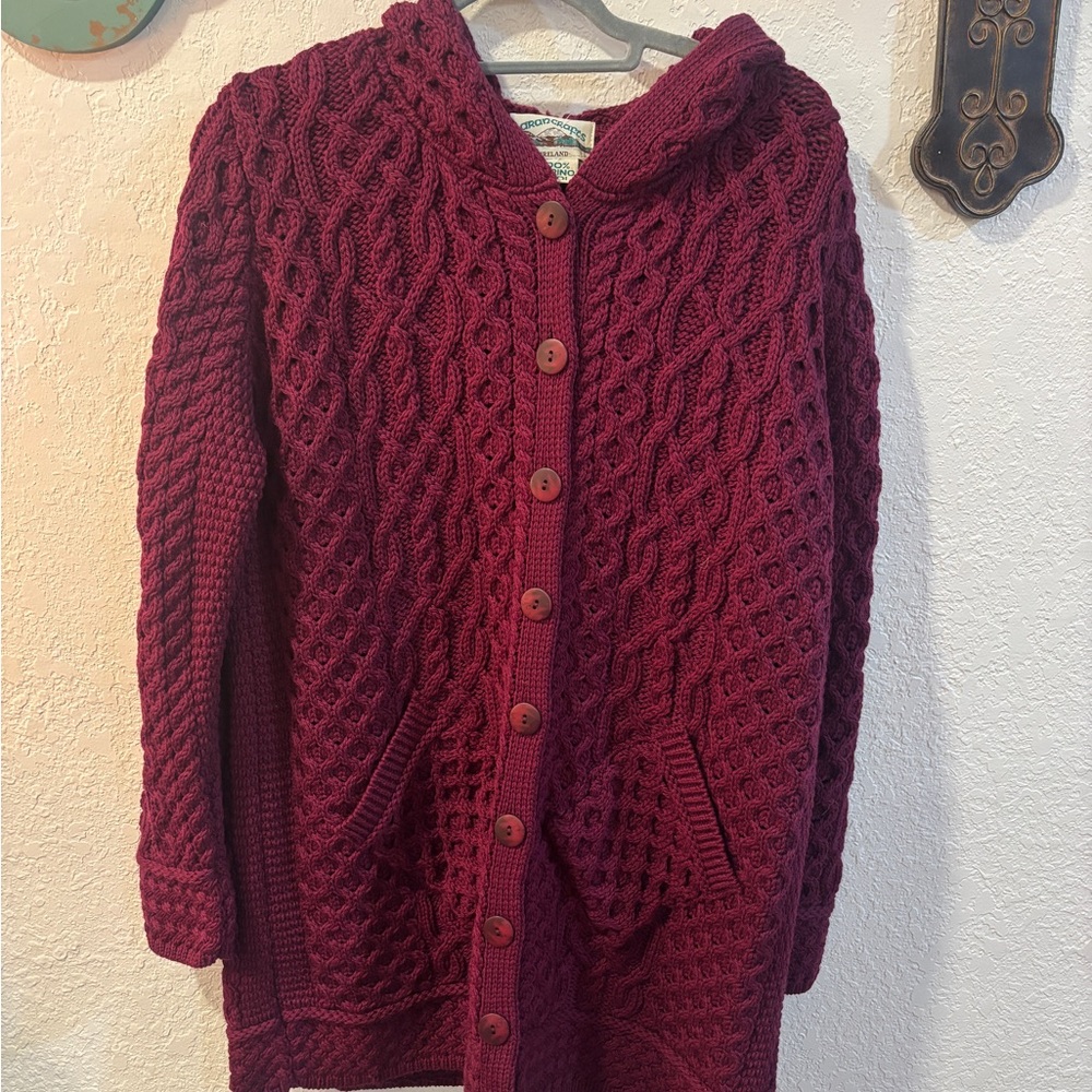Aran Crafts Burgundy Cable Knit Cardigan